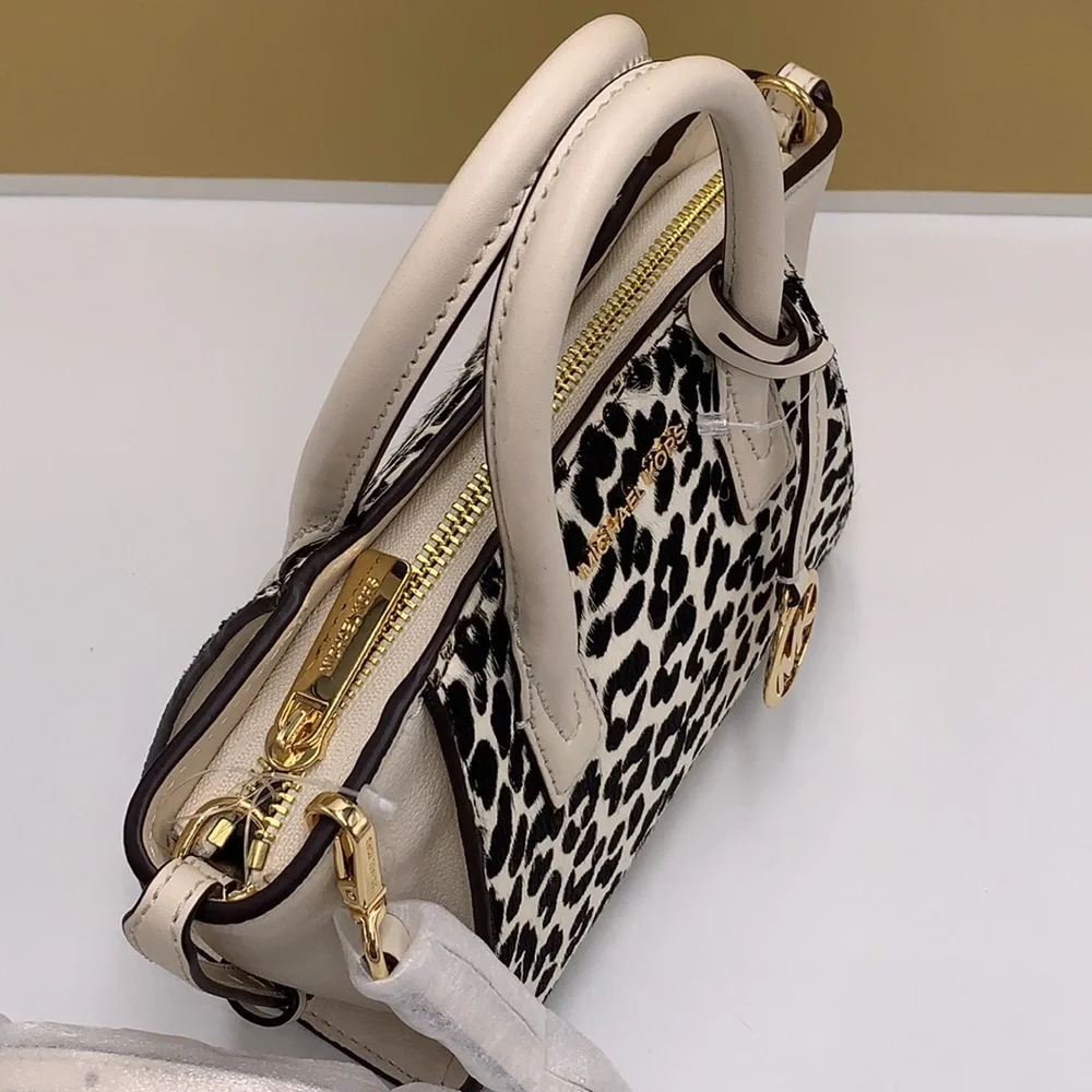 Avril Extra-Small Cheetah Print Calf Hair and Leather Satchel Light Cream multi